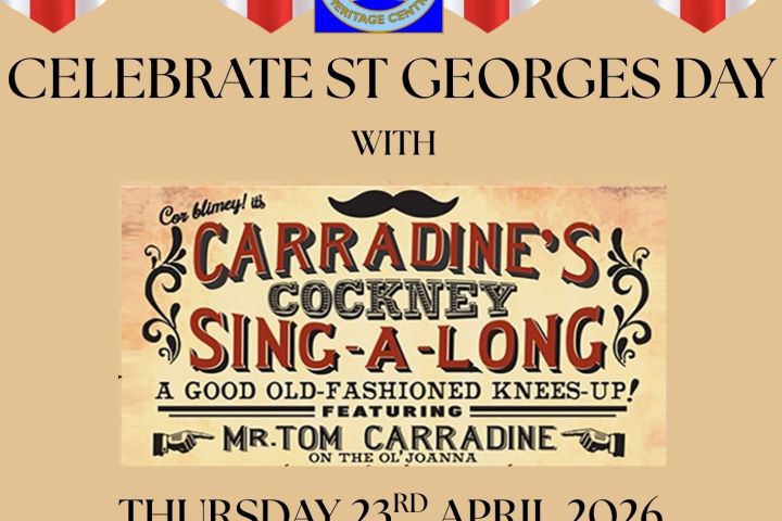 Poster for St George's Day event with flags and event details.