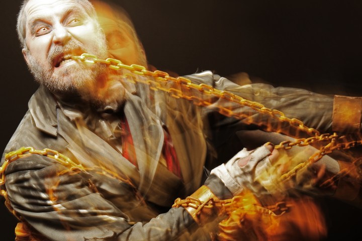 a close up of a person wearing a costume