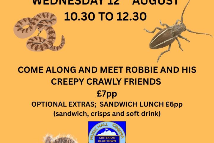 Event poster for 'Reptiles & Creepy Crawlies' on August 12, includes images of insects, a snake, and an iguana.