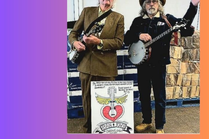 Event poster for 'Musical Lunch with Ban Jovi' on January 14, 2026, featuring two musicians with guitars.