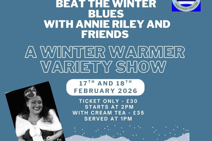 Winter variety show poster with snowflakes, landscape, and event details for February 17-18, 2026.