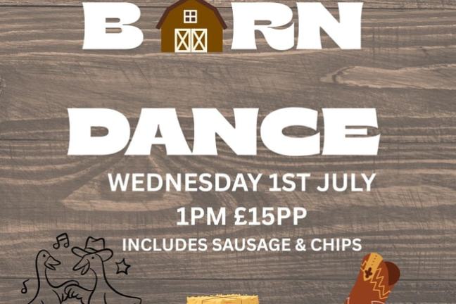 Barn Dance poster: silhouettes, hay, boots, ducks. Event on 1st July, 1pm, £15, includes sausage & chips.