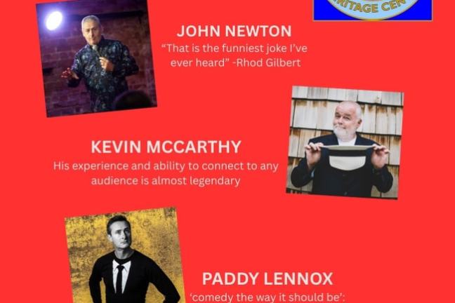 Comedy night poster featuring three comedians with event details in red and white.