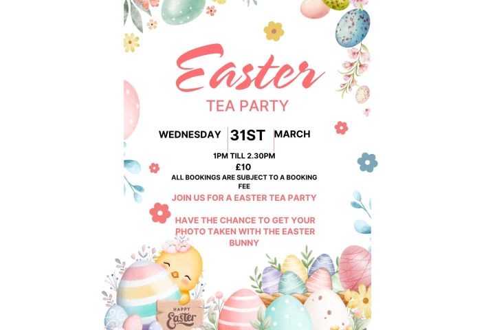 Colorful Easter Tea Party invitation with eggs and flowers.