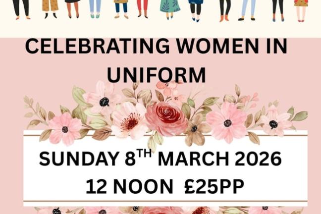 International Women's Day poster featuring diverse women and event details for March 8, 2026, with floral accents.