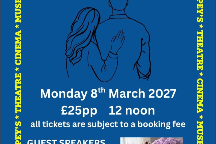 International Women's Day poster with silhouettes of a couple and event details in blue and yellow.