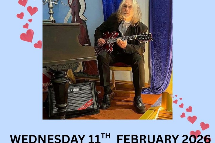 Event poster for 'Music & Lunch with Steve Harding' on February 11, 2026, featuring a guitarist and hearts.