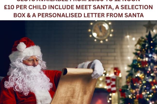 Santa reading a scroll near a Christmas tree and fireplace, advertisement for meeting Santa at Criterion Bluetown.