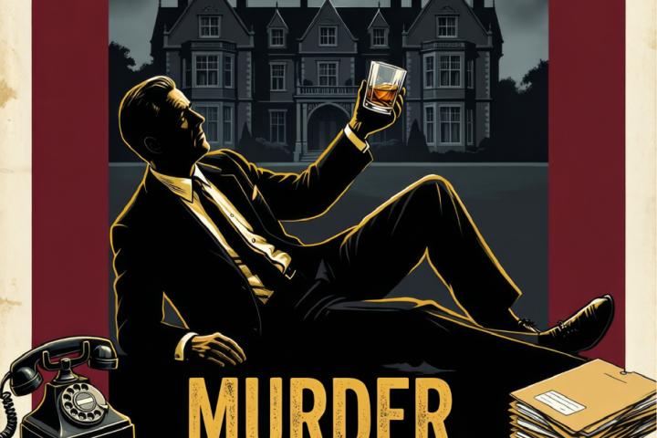 Silhouette of suited man with drink on mansion backdrop, 'Murder, They Wrote' text below.