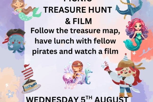 Whimsical pirate and mermaid themed event poster with illustrations of characters, ship, treasure, and event details.