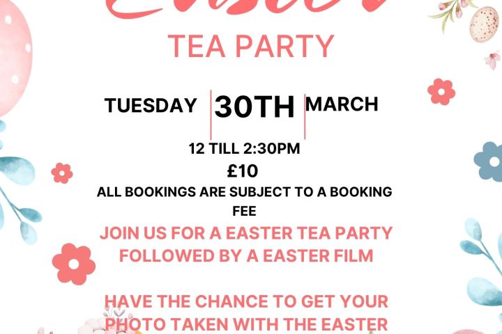 Easter Tea Party poster with eggs, flowers, and event details for March 30th.