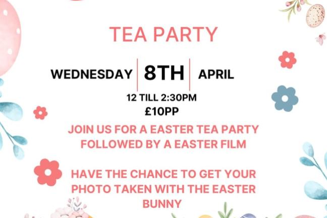 Easter Tea Party invitation with flowers, eggs, chick, and event details for April 8th at the Criterion Bluetown.