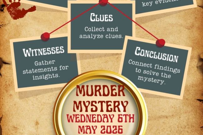 Murder mystery event poster with investigation elements linked by a magnifying glass.