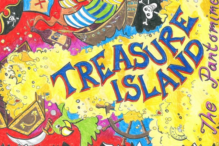 Colorful illustration with 'Treasure Island' text, pirate ship, skull, and treasure chest.