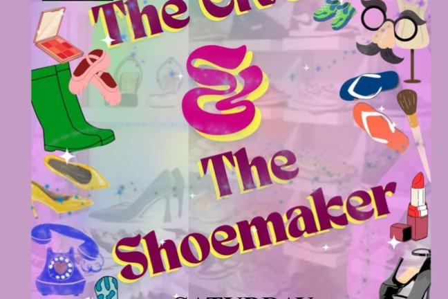 Colorful poster for 'The Elves & The Shoemaker' play at Criterion Bluetown, 21st February 2026, 2:30pm.
