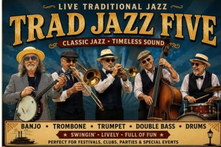 Poster of five jazz musicians playing instruments with text promoting traditional jazz.