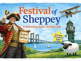 Colorful festival poster with bridge, clock tower, plane, herald, and sheep, promoting Sheppey events in June.