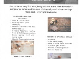 Event flyer for health and wellbeing on 13th June 2026 featuring readings, holistic stalls, and stage talks.