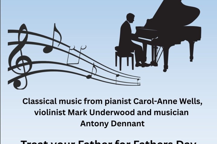 Poster for a classical concert with a pianist silhouette and musical notes.