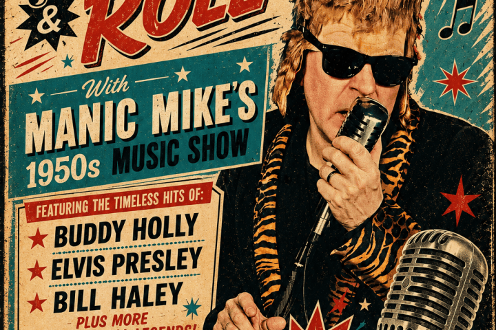 Retro poster for 'Shake, Rattle & Roll' with a man in sunglasses and text about 1950s music.