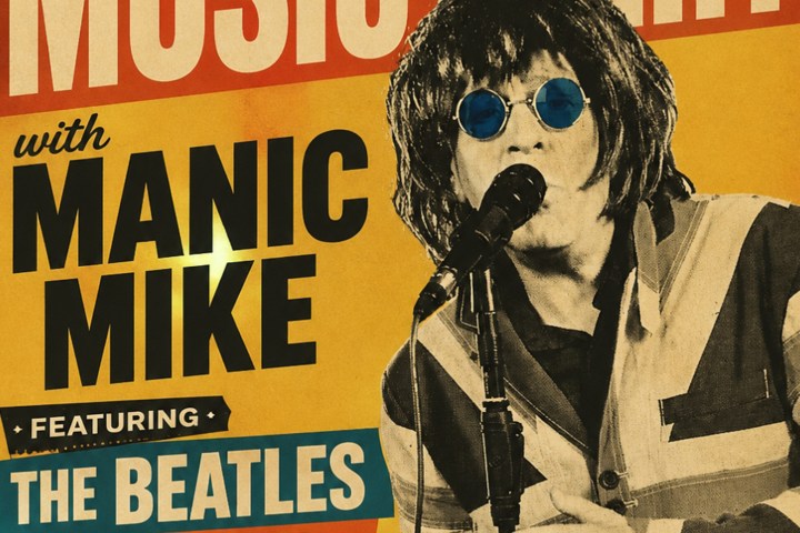 1960s music poster with singer, mentions The Beatles, The Kinks.