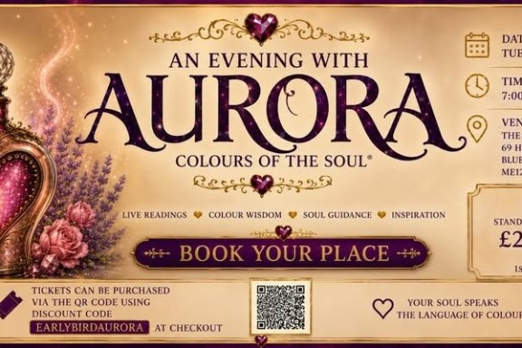 Event poster titled 'An Evening with Aurora,' featuring a heart-shaped bottle and ticket pricing info.